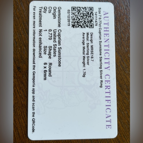 NWT CUPRIAN SUNSTONE STERLING SILVER RING. W/Cert Authenticity. Size 7 - Picture 3 of 6